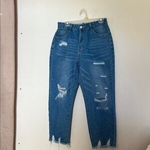 SHEIN Blue Distressed Straight Leg Jeans